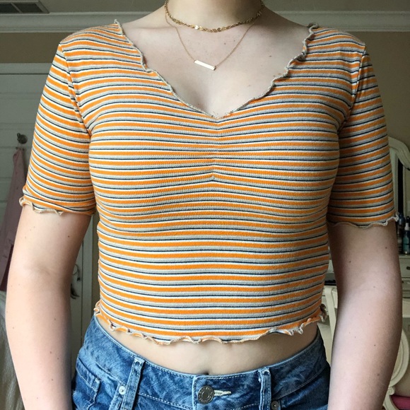 Orange Striped Lettuce Edge Topshop Crop Top - Picture 1 of 5